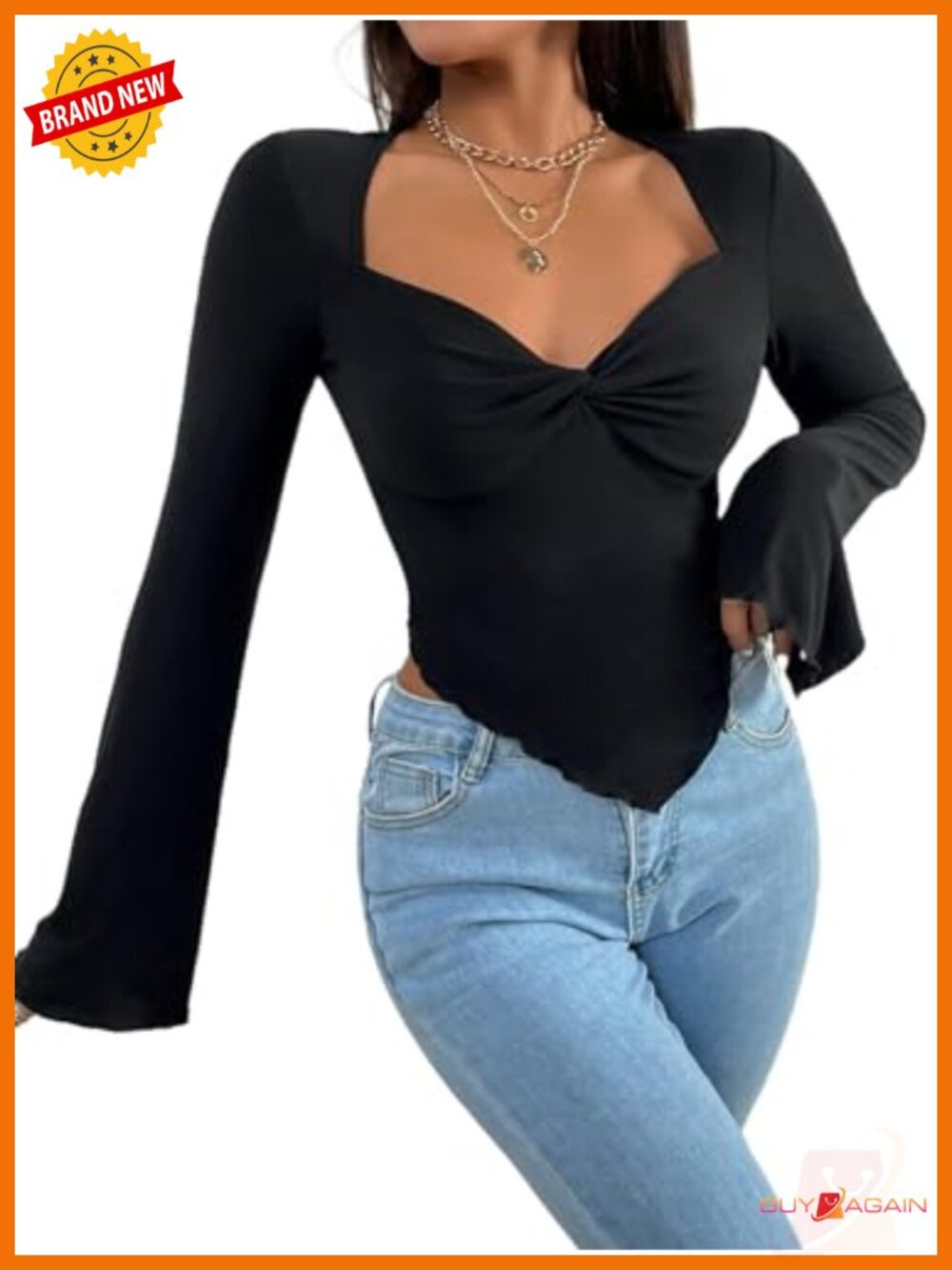 Long Sleeve Square Neck Crop Top Twist Front Asymmetrical Shirt
